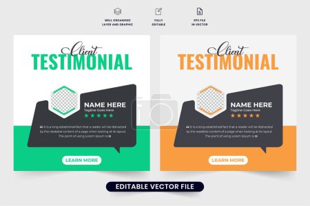 Illustration for Business client testimonial vector for websites. Customer service feedback template with light green and yellow colors. Customer feedback review or testimonial layout template with quote section. - Royalty Free Image