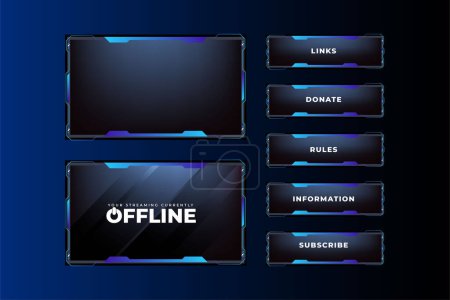Illustration for Creative gaming screen interface design with geometric shapes. Broadcast game screen panel vector with dark background and buttons. Online gaming frame border design with blue colors. - Royalty Free Image