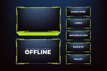 Illustration for Live streaming overlay vector for online gamers. Online gaming frame vector with green color. Futuristic screen border design with an offline screen. Live broadcast screen decoration with buttons. - Royalty Free Image