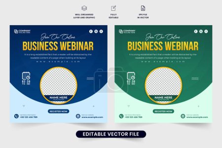 Illustration for Conference invitation and announcement poster design for business promotion. Modern webinar social media post vector with photo placeholders. Office seminar promotional web banner template vector. - Royalty Free Image