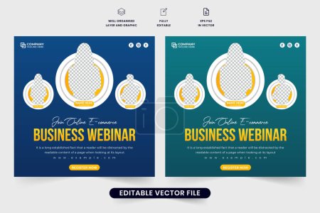 Business webinar and online e-commerce conference template with green and blue colors. Office seminar social media post vector with photo placeholders. Webinar and business promotion web banner.