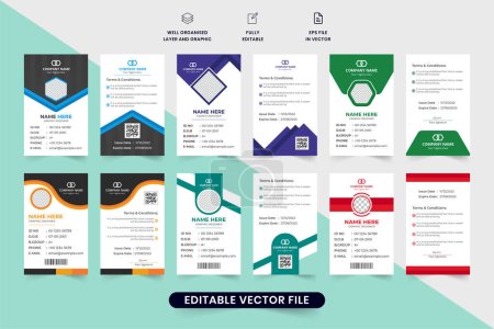 Téléchargez les illustrations : Corporate identity card template collection with photo placeholders. Employee or student ID card set design for office or school. Print-ready identification card template bundle with abstract shapes. - en licence libre de droit
