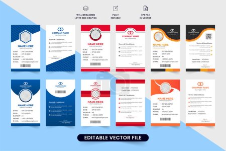 Téléchargez les illustrations : Minimal ID card design bundle with red and blue colors. Student and employee identification card collection with creative shapes. Corporate identity card set design for business organizations. - en licence libre de droit