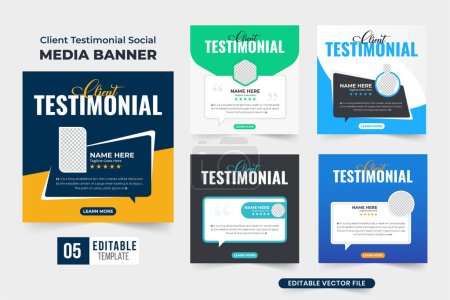 Ilustración de Client testimonial and feedback review template bundle with dark and yellow colors. Customer satisfaction and work review poster set vector for marketing. Business promotion website layout collection. - Imagen libre de derechos