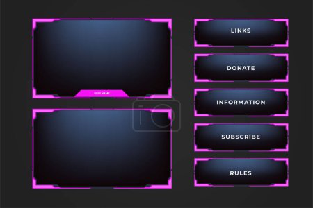 Illustration for Simple gaming screen interface and streaming overlay vector with girly pink colors. Online girl gamer screen panel decoration on a dark background. Streaming overlay template vector with buttons. - Royalty Free Image