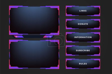 Illustration for Glossy gaming overlay and screen border decoration elements with blue and red colors. Futuristic live broadcast display layout vector on a dark background. Online streaming screen interface design. - Royalty Free Image