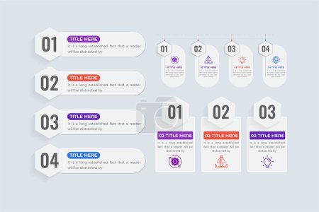 Ilustración de Work strategy and process steps data visualization template for office or business presentations. Abstract business infographic timeline layout and flowchart design. Workflow diagram layout vector. - Imagen libre de derechos