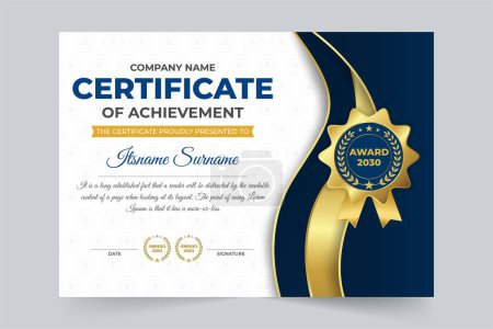Illustration for Business achievement credential design with dark and golden colors. Printable award certificate and diploma paper vector for appreciation. Educational or sports appreciation paper with a golden badge. - Royalty Free Image