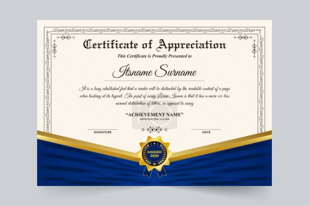 Illustration for Certificate of appreciation and achievement vector design with blue and golden colors. Official certificate decoration with a golden badge in vintage style. Sports award credential element design. - Royalty Free Image