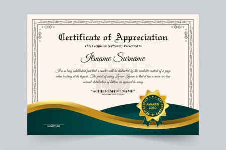 Illustration for Academic course and diploma certificate design with vintage frame elements. Modern credential and honor certificate design with dark green and golden colors. Business Achievement appreciation paper. - Royalty Free Image