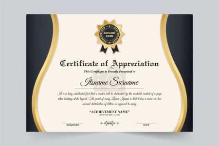 Illustration for Creative office certificate and honor credential design with dark and golden colors. Professional business credential vector for appreciation. Achievement and award certificate for education. - Royalty Free Image