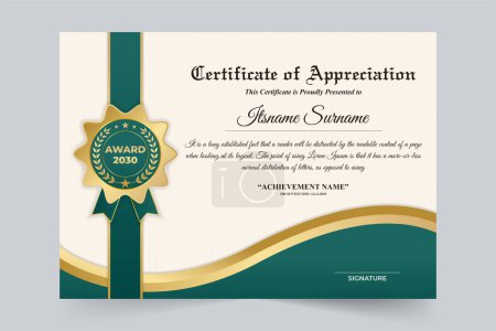 Illustration for Creative award certificate decoration with green and golden colors. Honor recognition paper and credential vector for academic or official occasions. Achievement certificate frame layout vector. - Royalty Free Image