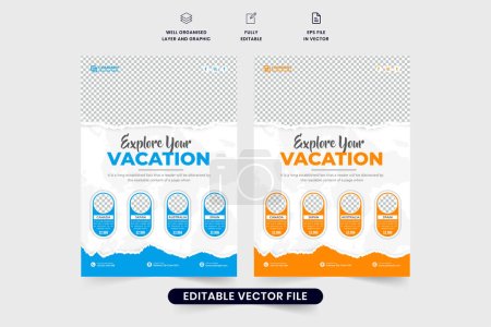 Vacation planner agency flyer design with blue and orange colors. Tour and travel business leaflet or poster decoration with discount sections and photo placeholders. Touring group promotion flyer.