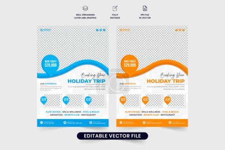 Creative travel agency advertisement flyer design with location pins and abstract shapes. Modern holiday trip planner business leaflet and poster vector. Tour and travel promotional flyer design.