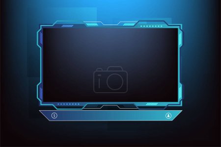 Illustration for Futuristic gaming screen panel and border design vector. Live gaming overlay decoration with blue color shade and dark background. Modern streaming overlay vector with colorful buttons for gamers. - Royalty Free Image