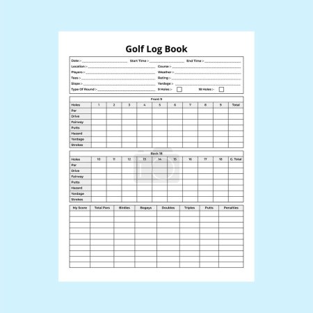 Illustration for Golf score notebook KDP interior. Daily golf information and game score record log book template. KDP interior journal. Golf location info recorder and weather condition checker interior. - Royalty Free Image