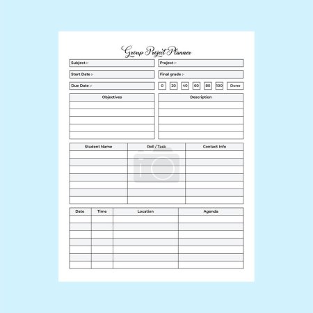 Illustration for Group project planner KDP interior journal template. Group project member information tracker and task planner template. KDP interior notebook. Group study info recorder and task planner interior. - Royalty Free Image
