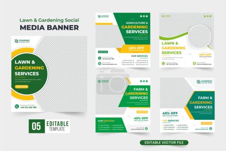 Illustration for Gardening business social media post set vector for marketing. Lawn and farming service poster template collection with photo placeholders. Agriculture and landscaping business web banner bundle. - Royalty Free Image