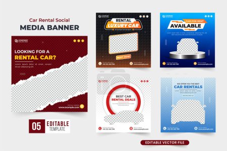 Car rental social media post set vector with red and blue colors. Creative rent a car business promotion template collection for marketing. Vehicle rental and management poster bundle vector.