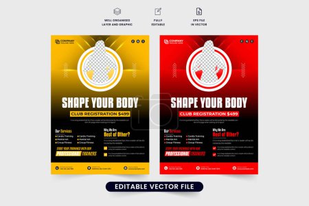 Fitness club service and training center flyer vector with photo placeholders. Gym flyer template layout is designed with yellow and red colors. Bodybuilding training center business promotion flyer.