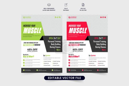 Gym admission and training center marketing flyer vector with green and red colors. Fitness gym business advertisement poster design with photo placeholders. Fitness flyer template vector.