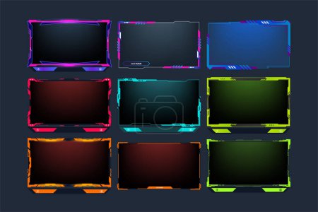 Transmisión en vivo y diseño de paquetes de marcos de juegos con efecto neón. Broadcast pantalla superposición conjunto vector con colores verdes, amarillos y púrpura. Colección vectorial de superposición de juegos en línea futurista.
