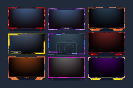 Illustration for Stylish streaming overlay set decoration with neon effects. Online gaming screen border bundle vector with orange, purple, and red colors. Futuristic broadcast gaming panel design collection for gamer - Royalty Free Image