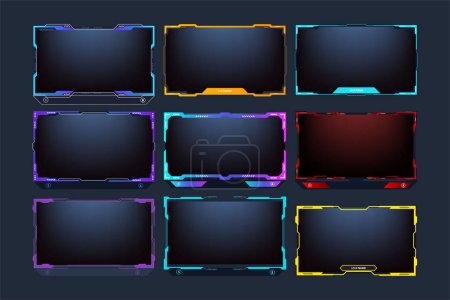 Illustration for Live broadcasting screen panel set vector with abstract shapes. Online gaming overlay and screen interface bundle decoration. Streaming overlay design collection with blue, yellow, and red colors. - Royalty Free Image