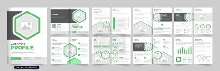 Illustration for Modern company portfolio template vector with geometric shapes. Business proposal magazine template design with green and dark colors. Corporate business profile booklet and presentation layout vector - Royalty Free Image