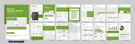 Illustration for Business portfolio brochure and magazine template vector with green and dark colors. Modern company promotional brochure template design with photo placeholders. Corporate business overview magazine. - Royalty Free Image