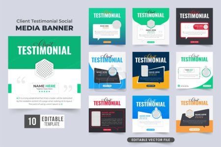 Customer service feedback testimonial social media banner set vector for business. Customer feedback testimonial bundle design. Client work review and testimonial collection with colorful background.