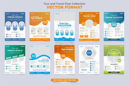 Tour and travel flyer template collection with orange, green, and blue colors. Modern touring business promotional leaflet and poster set vector. Travel agency advertisement flyer bundle vector.
