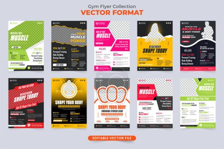 Gym flyer template collection with photo placeholders. Modern gym management business promotional poster and flyer bundle. Fitness and bodybuilding center advertisement flyer layout set vector.