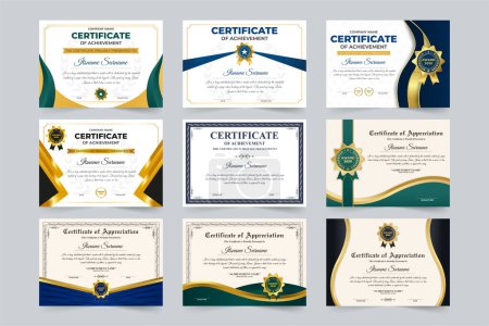 Achievement certificate and credential design collection for academic and official uses. Professional award certificate set vector with colorful border and shapes. Business appreciation paper bundle.