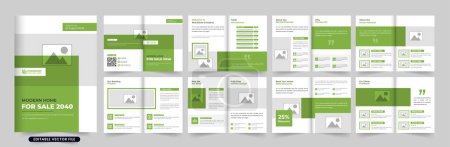 Illustration for Modern home selling business brochure template vector with photo placeholders. Real estate business promotion portfolio design with green and dark colors. Modern house sale magazine template vector. - Royalty Free Image