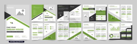 Illustration for Creative real estate magazine template vector with green and dark colors. Home selling business promotional booklet layout design with photo placeholders. House-selling real estate agency brochure. - Royalty Free Image