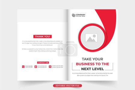 Illustration for Creative business portfolio cover design with photo placeholders. Modern corporate company promotional magazine cover layout with red and dark colors. Business proposal and company overview cover. - Royalty Free Image