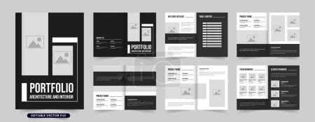 Modern architecture portfolio and magazine template with black and white colors. Architect profile layout design for marketing. Architecture business promotional brochure with photo placeholders.