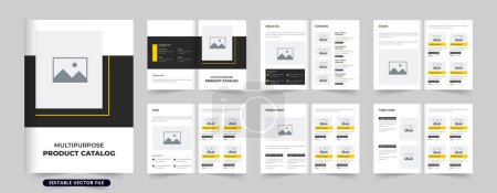Multipurpose product catalog and promotional magazine layout vector with yellow and dark colors. Company product information catalog design. Furniture product catalog design with photo placeholders.
