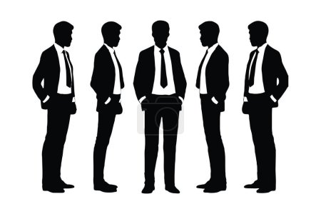 Male model silhouette set vector, wearing a suit and standing in different positions. Anonymous businessman with official dresses on a white background. Office employee silhouette vector bundle.