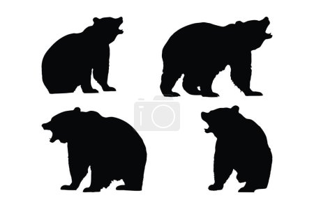 Téléchargez les illustrations : Collection vectorielle silhouette ours sur fond blanc. Beau gros ours rugissant sur la silhouette de la faune set design. Ours carnivore debout et assis, faisceau vectoriel silhouette noir et blanc - en licence libre de droit