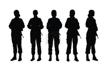 Female soldiers standing in different position silhouette set vector. Woman infantry silhouette bundle on a white background. Girl soldier with anonymous faces, full body silhouette vector.