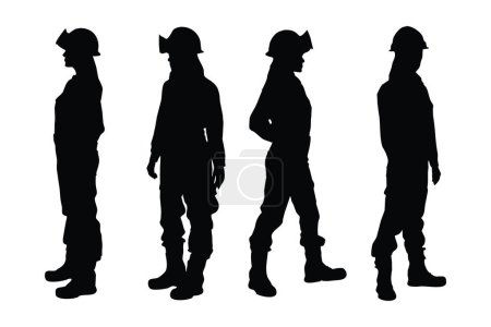 Illustration for Female mason standing in different position silhouette set vector. Woman bricklayers silhouette bundle on a white background. Girl construction worker with anonymous faces, full body silhouette vector - Royalty Free Image