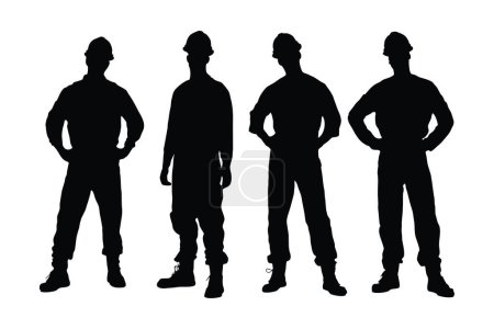 Männliche mechanische Silhouette gesetzt Vektor auf weißem Hintergrund. Männliche Industriearbeiter tragen Uniformen und stehen in unterschiedlichen Positionen. Anonyme Mechaniker mit Schutzhelmen Silhouette Bündel