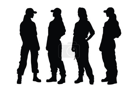 Female plumber standing and wearing uniforms silhouette collection. Woman construction worker and plumber silhouette set vector. Female Plumber model with anonymous faces silhouette bundle.