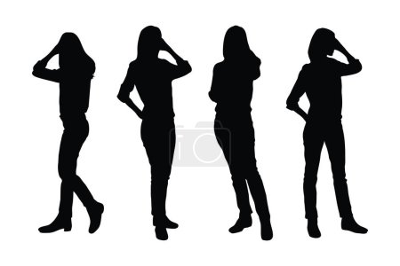 Actrices femeninas con uniformes de moda y colecciones de siluetas de pie. Modelo de niña anónima y vector conjunto de silueta actor. Modelos de moda femenina con rostros anónimos silueta.
