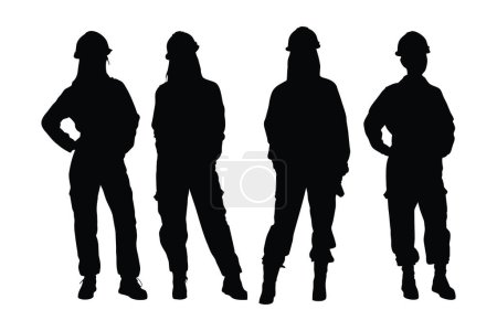 Female engineer wearing construction uniforms and standing silhouette collection. Anonymous girl engineer and worker silhouette set vector. Female engineer models with anonymous faces silhouette.