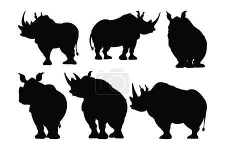 Illustration for Rhino standing in different positions, silhouette set vector. Adult rhino silhouette collection on a white background. Wild dangerous animals like hippos or rhinos, full body silhouette bundles. - Royalty Free Image