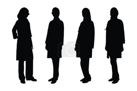 Female doctors and physicians standing in different position silhouette set vector. Girl doctor with anonymous faces. Surgeons wearing aprons silhouette collection. Doctor girl silhouette.