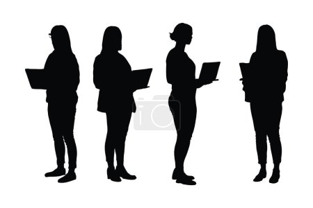 Female designers and employees standing in different position silhouette set vector. Girl designer with anonymous faces. Businesswoman with laptop silhouette collection. Designer girl silhouette.